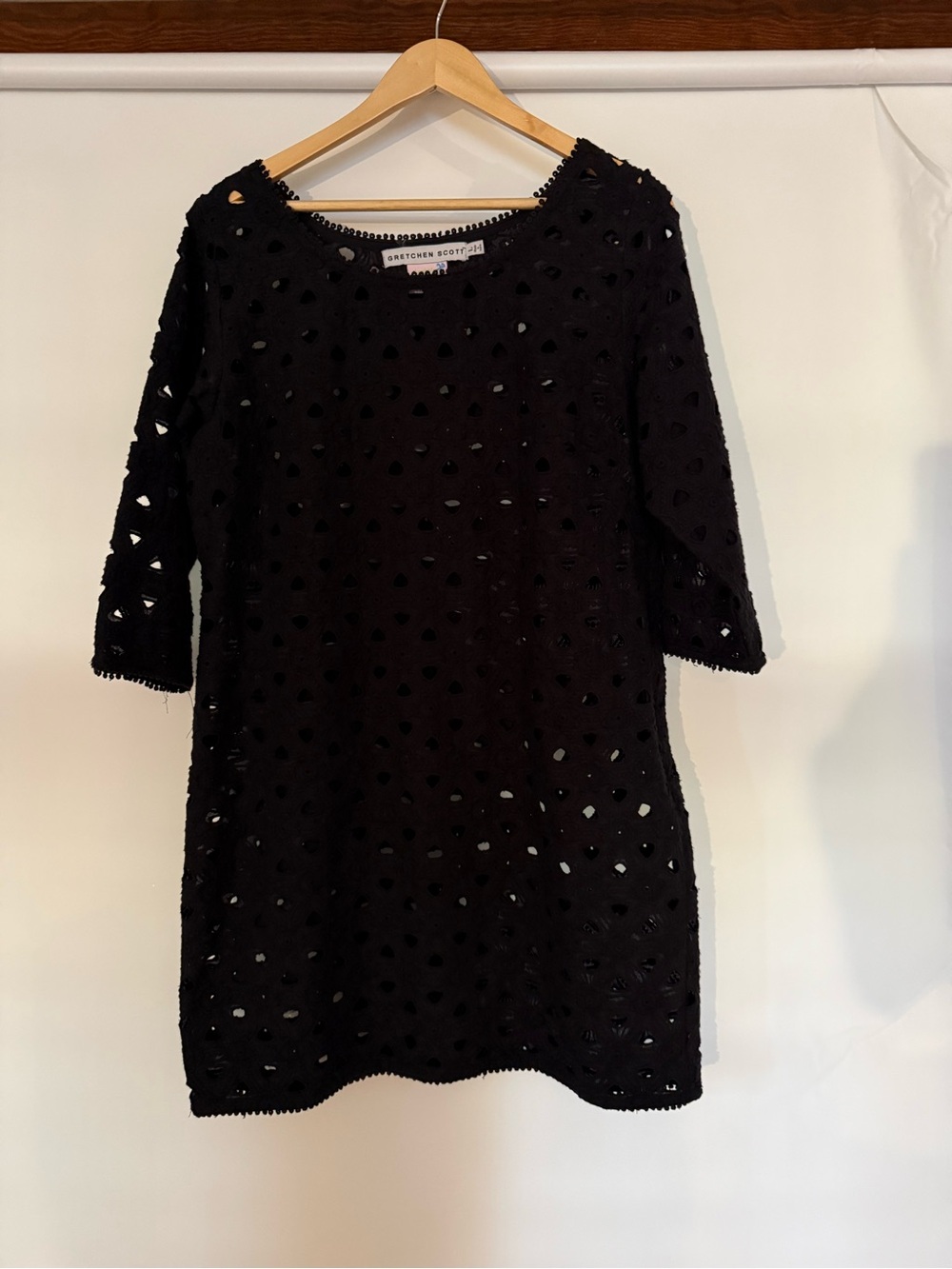 Gretchen Scott Designs Eyelet Short Black Cotton Dress 3/4 Sleeves, size large